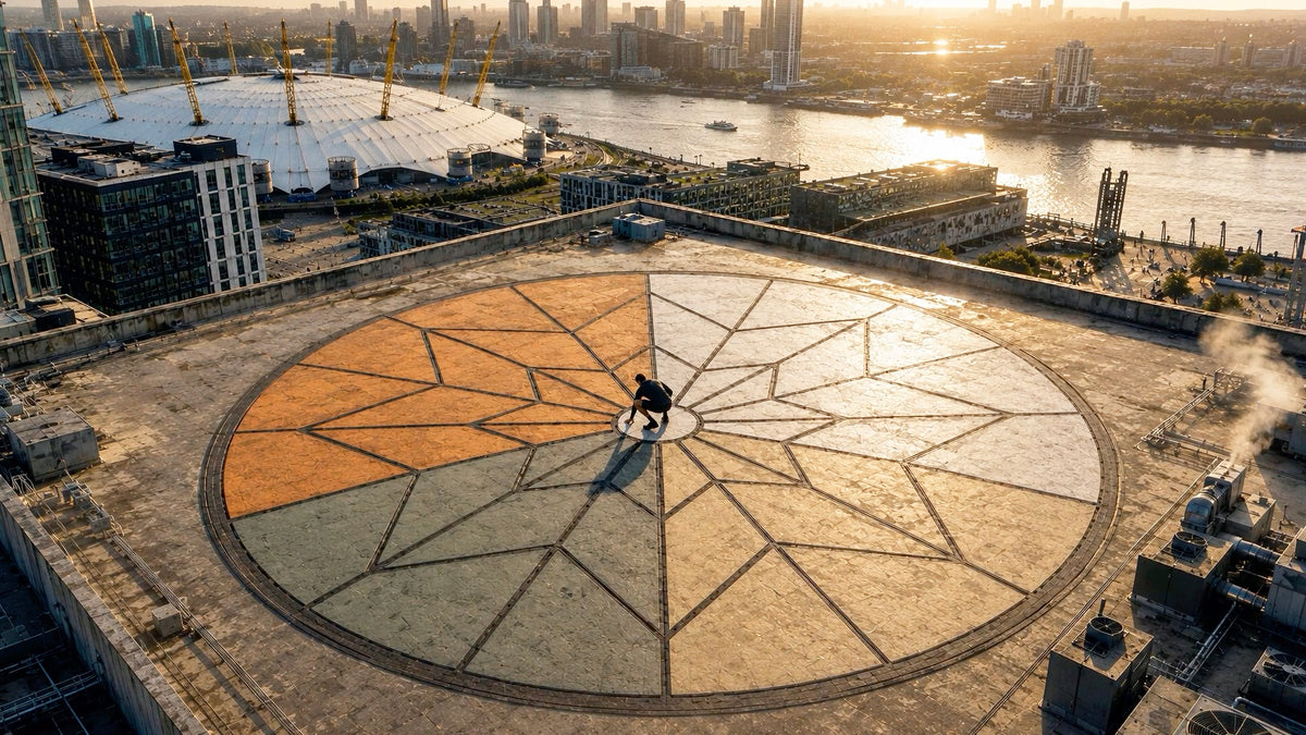 A man lands at the centre of a compass on a Greenwich Peninsula rooftop beside the O2 and the Thames. A still from RÆBURN, REBORN.
