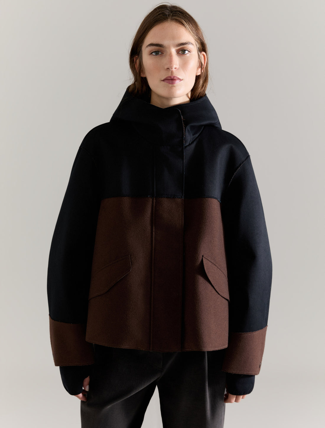 COLOUR-BLOCKED JACKET in DARK BROWN, image 1