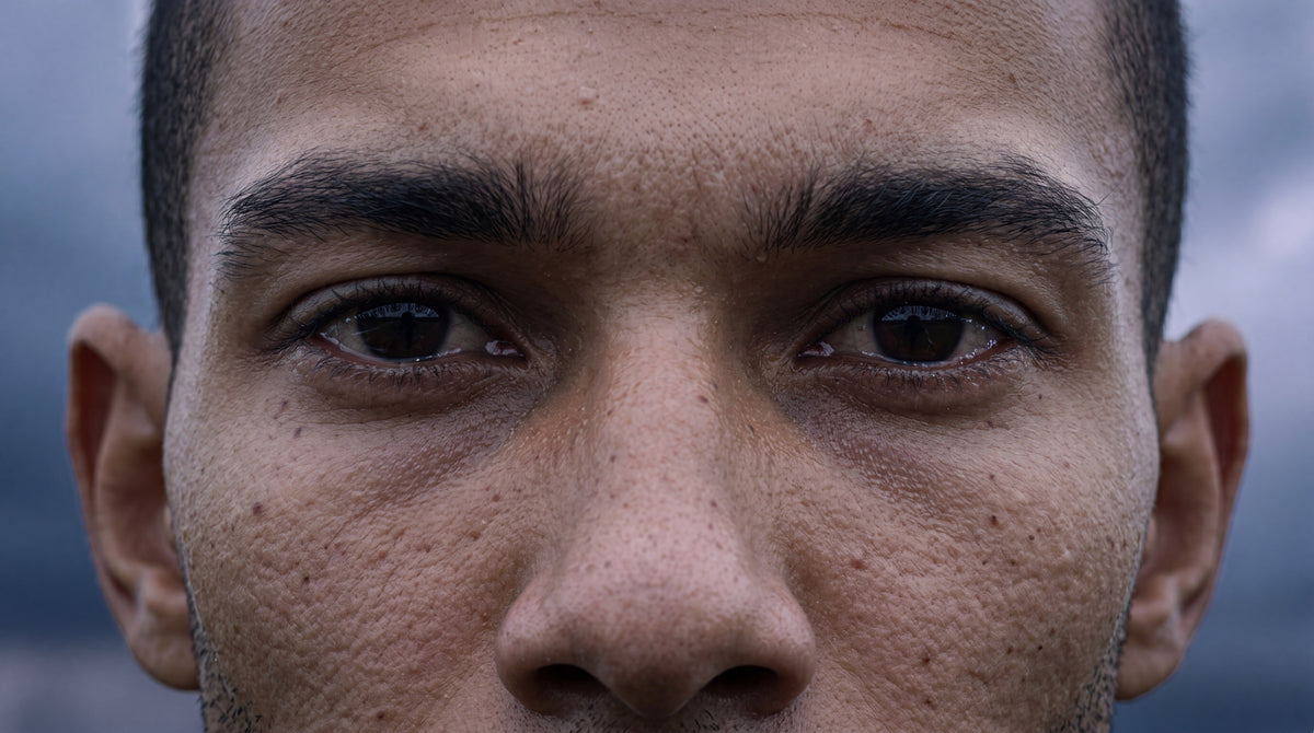 Extreme close-up of a man’s eyes. A still from RÆBURN, REBORN.