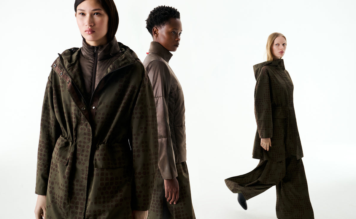 Three models in khaki camouflage jacquard and brown padded layers, including the 3-in-1 parka and wide jacquard trousers.